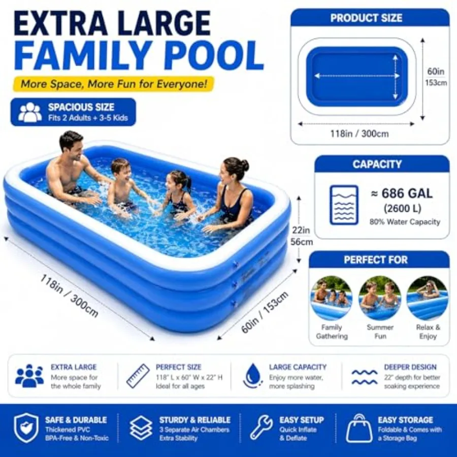 Backyard outdoor swimming pool for kids and adults PVC material blue thickened 3-ring inflatable design large 120 x 60 x 22 siz