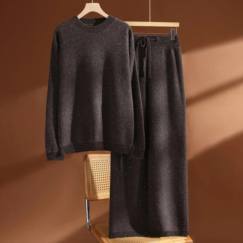 Set Sweater Rajut Wol 100% Berpayet CHICUU untuk Wanita dengan Kerah O dan Celana Kaki Lebar, Set Rajut Kasual Tebal untuk Musim Gugur dan Musim Dingin