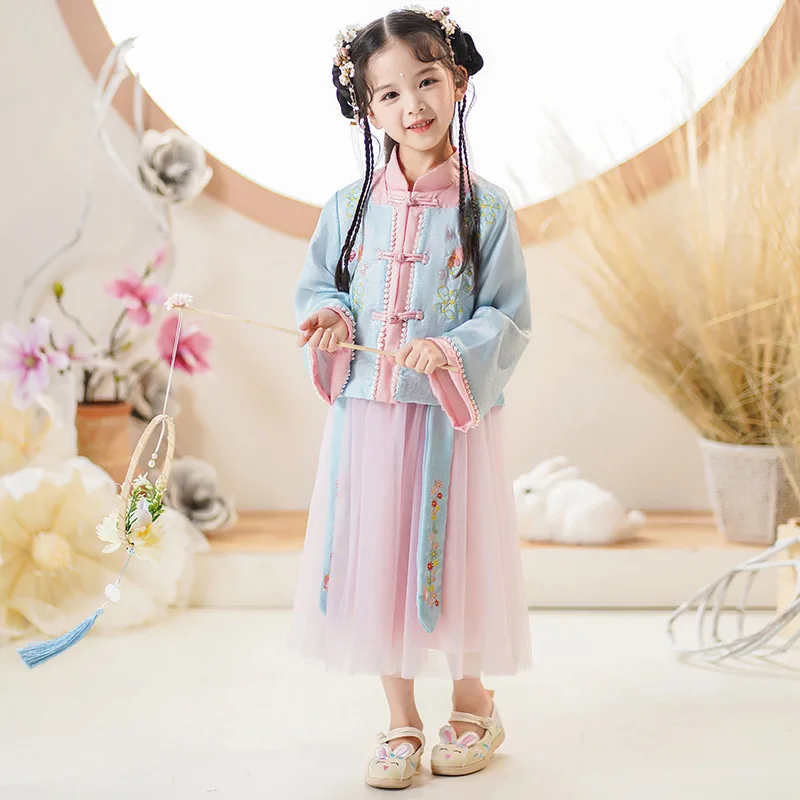 Spring Girls Chinese Lovely Tang Suit Chinese Traditional Kids Lace Embroidery Ancient Hanfu Children Perform Costumes