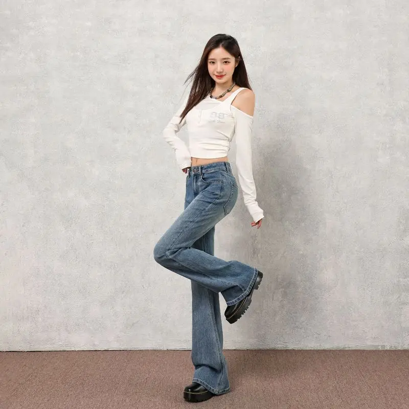 คอลเลกชันฤดูใบไม้ร่วงใหม่ของกางเกงยีนส์ทรงหลวมเอวกลาง-ต่ำสไตล์เรโทรเนื้อผ้าลายไม้ไผ่แบบอเมริกันสำหรับผู้หญิง