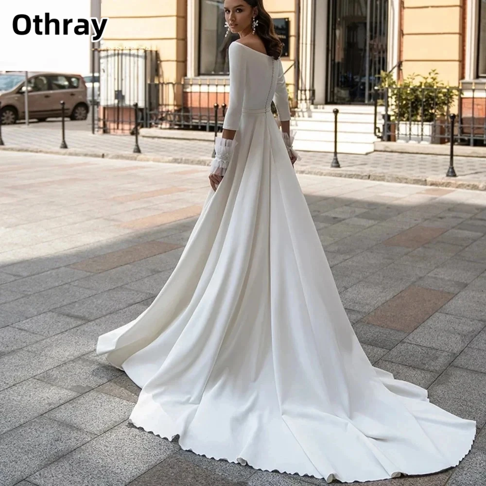 Satin Off Shoulder Wedding Dresses Long Sleeve Bow Sash Buttons Sweep Back A-Line Bridal Gown Cвадебное платье