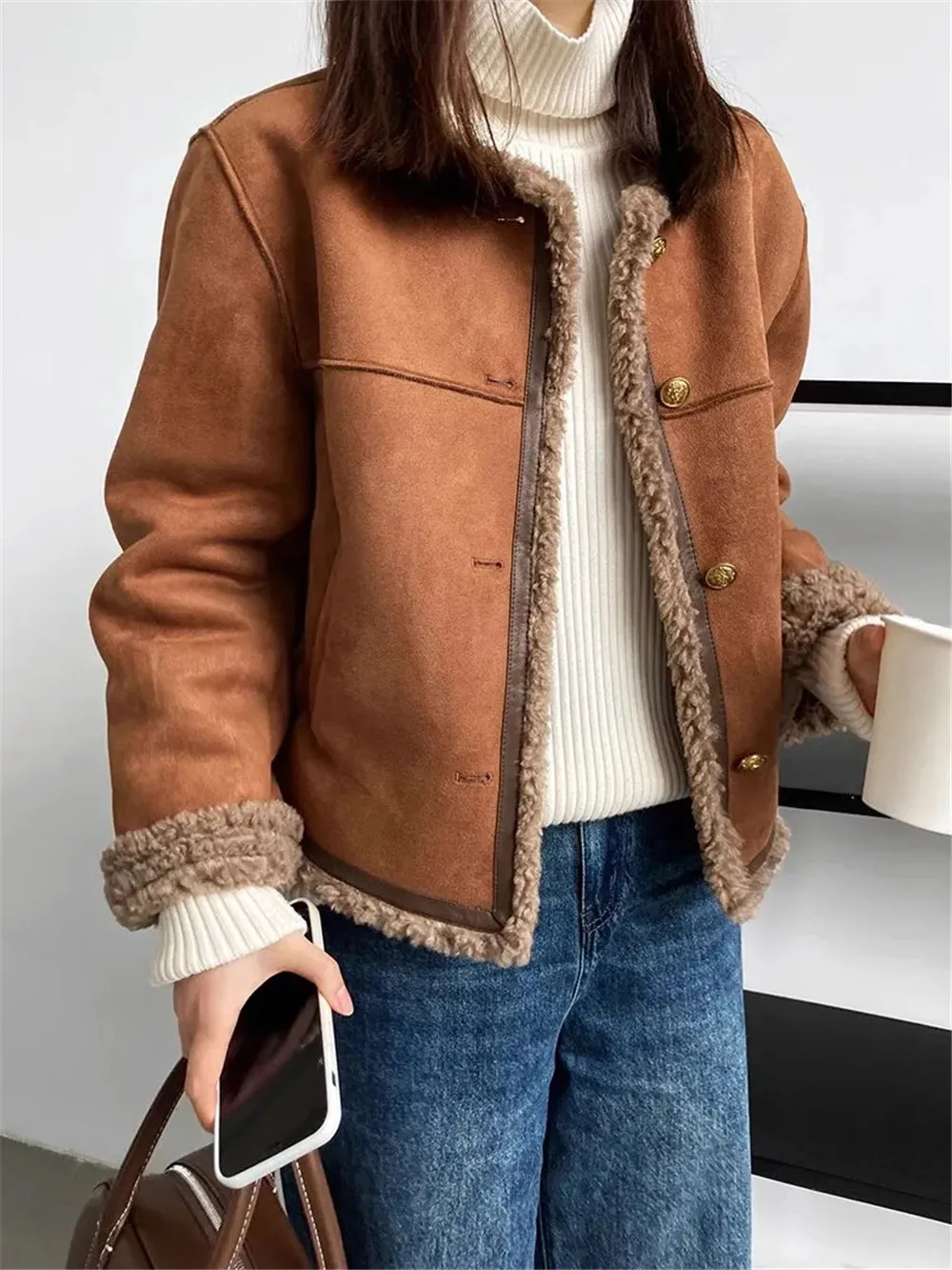 

Brown Round Neck Lambhair Motorcycle Women'S Warmth Jacket Female Autumn Winter Warm Korean New Lamb Deer Fur Top Trend Coats