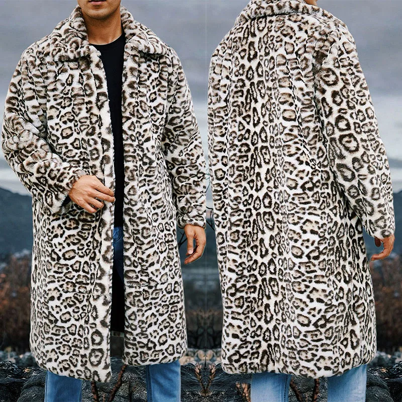 

Мужские пальто из искусственного меха, куртки с леопардовым мехом, средней длины, с длинным рукавом, с отложным воротником, с открытой строчкой, толстые, свободные, повседневные, 202, осень-зима
