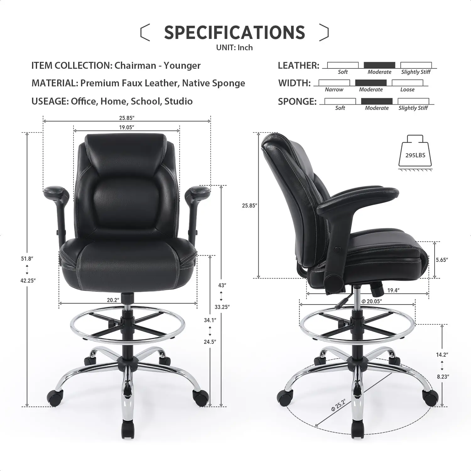 Ergonomic Mid-Back Premium Faux Leather Adjustable Drafting Chair with Multi-Function Arms and Foot Ring, Standing-Desk Matched