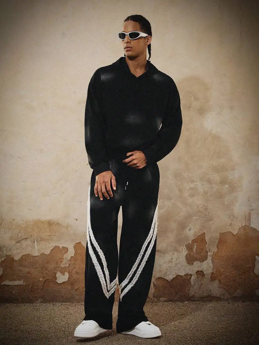 

Mens Solid Black Hoodie And Striped Drawstring Waist Sweatpants Two Piece Casual Tracksuit