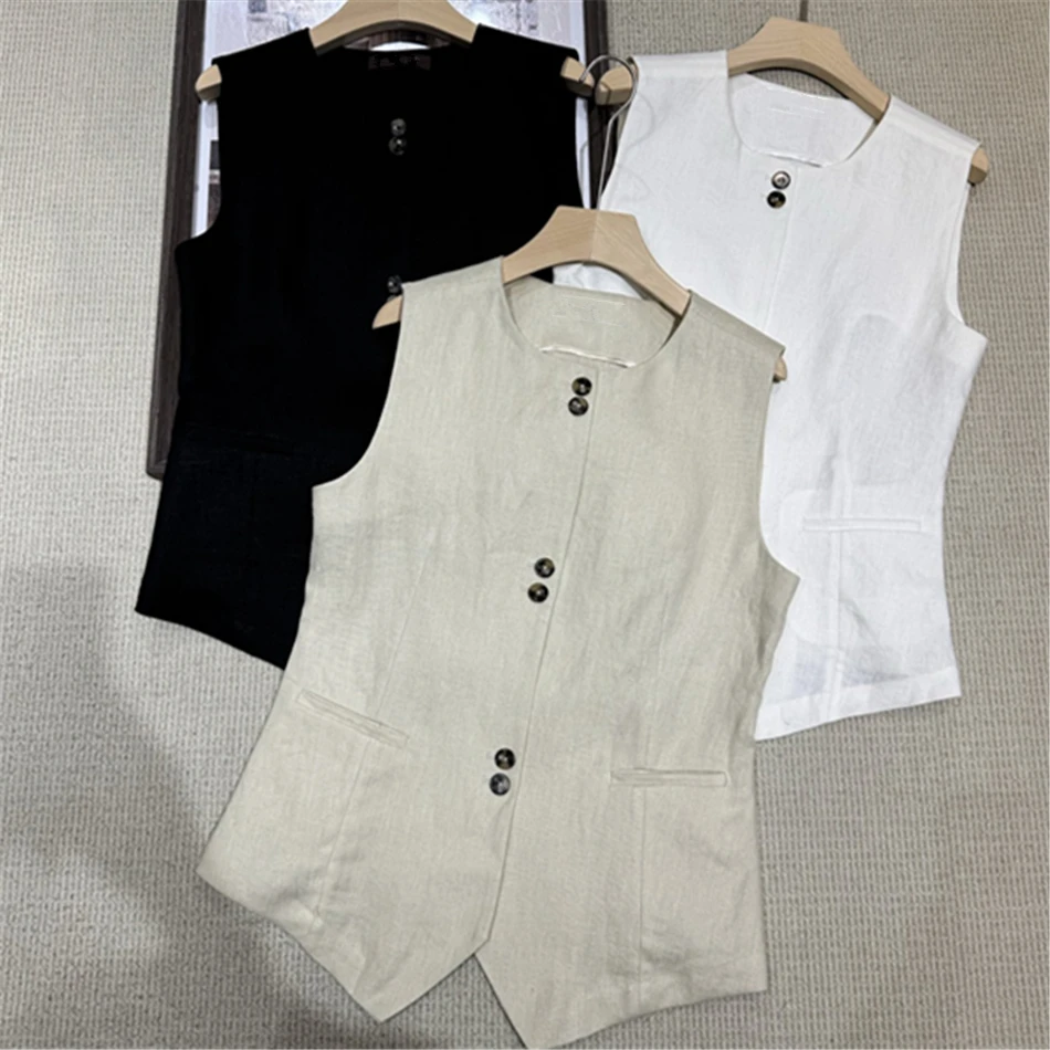 

Women's Jackets Vest In 100% Linen High Quality Sleeveless Tops 2025 New Luxury Design Women's Clothing