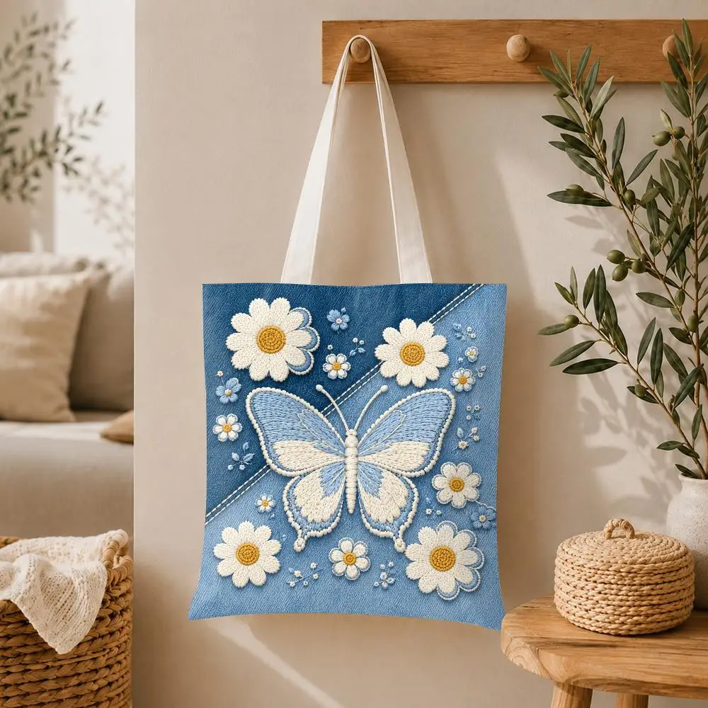 Denim Butterfly Daisy Storage Bags Large Capacity Canvas Tote Bag Double-Sided Print Shoulder Handbag for Daily Shopping