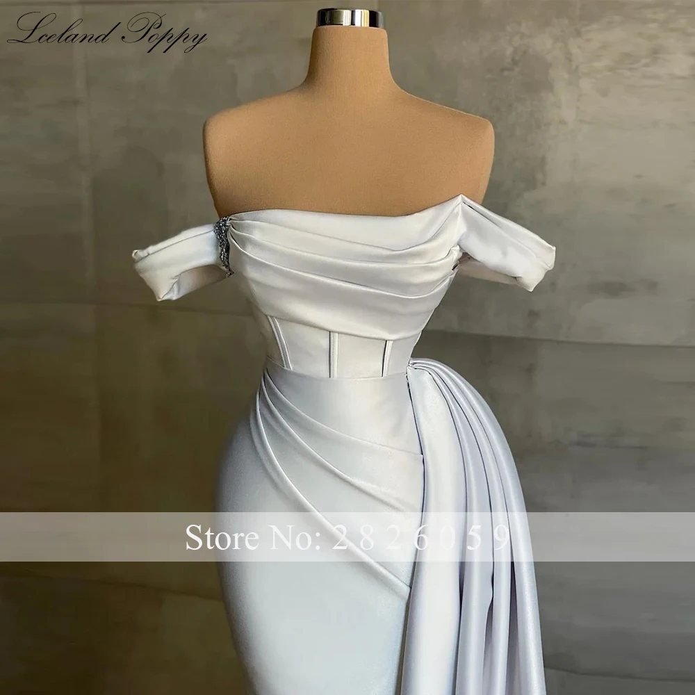 Lceland Poppy Customized Off the Shoulder Mermaid Satin Wedding Dresses Floor Length Pleated Bridal Gowns with Detachable Train
