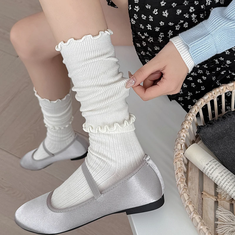 Women Socks Long Solid Color New Autumn Fashion Girls Stockings Frilly Sweet Preppy Style Korean Knee High Socks Trendy Simple