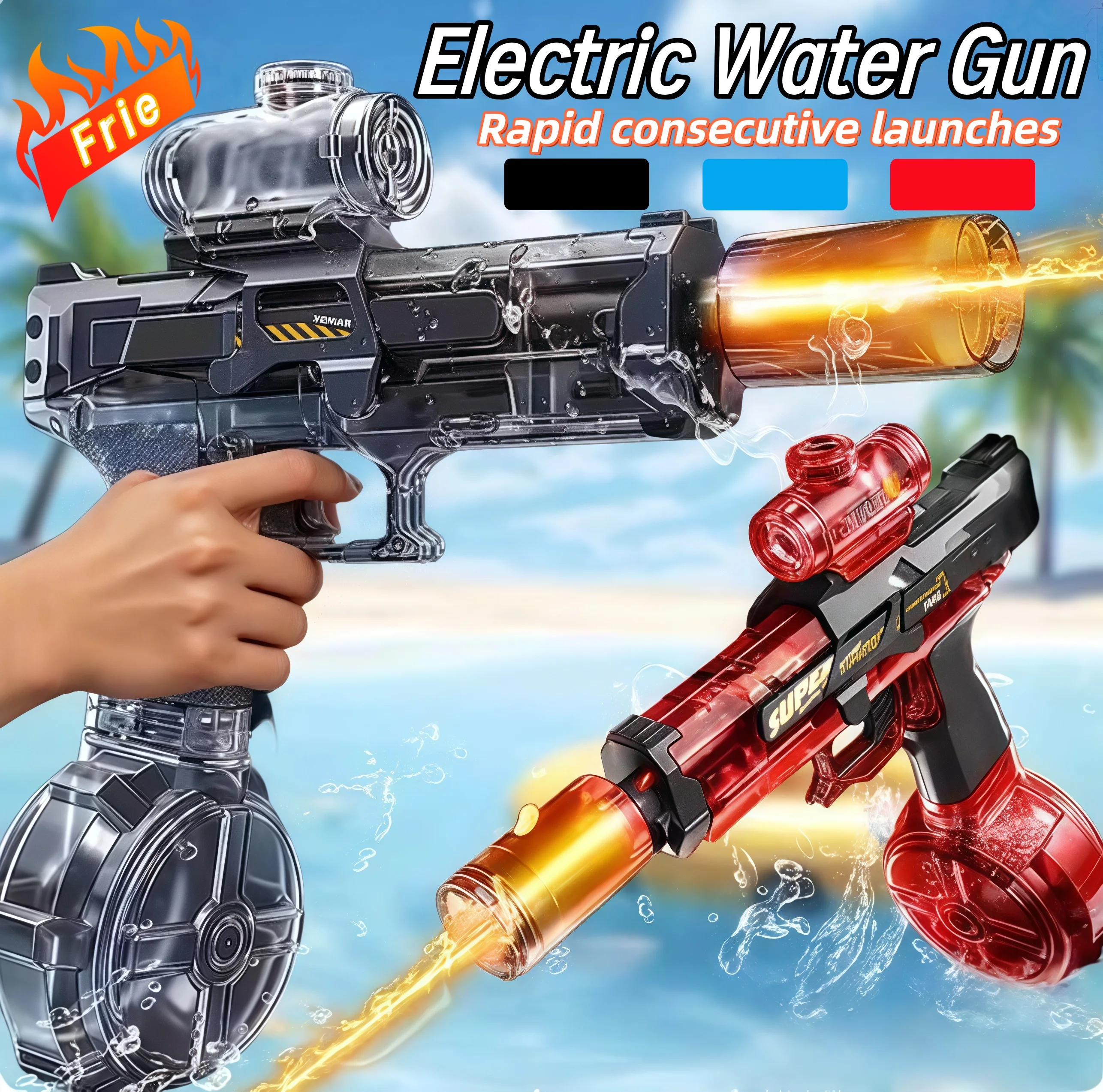 مسدس مياه كهربائي جديد مع بخاخات خفيفة تأثير اللهب بشكل مستمر عالي الضغط عالي السرعة ألعاب مسدس مياه خارجية قوية