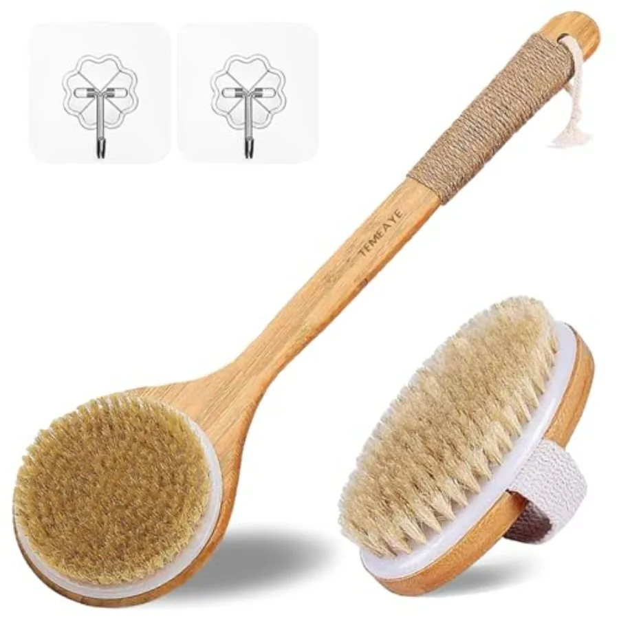 Dry Brushing Body Brush, Wooden Handle, Natural Bristles, 2Pcs-Set Medium Strength Body Scrub Brush, Gentle Exfoliator, Celluli