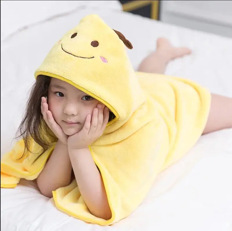 Solid Color Cartoon Coral Fleece Super Soft Baby Hooded Bath Towel Absorbent Warm Blanket 90*90cm