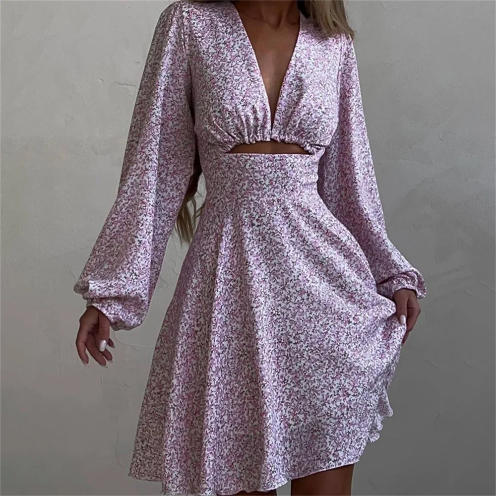 

Women's V-Neck Print Mini Dress Summer Sexy Bodycon Long Sleeve Hollow Out A-Line Dresses Vintage Slim High Waist Party Vestidos