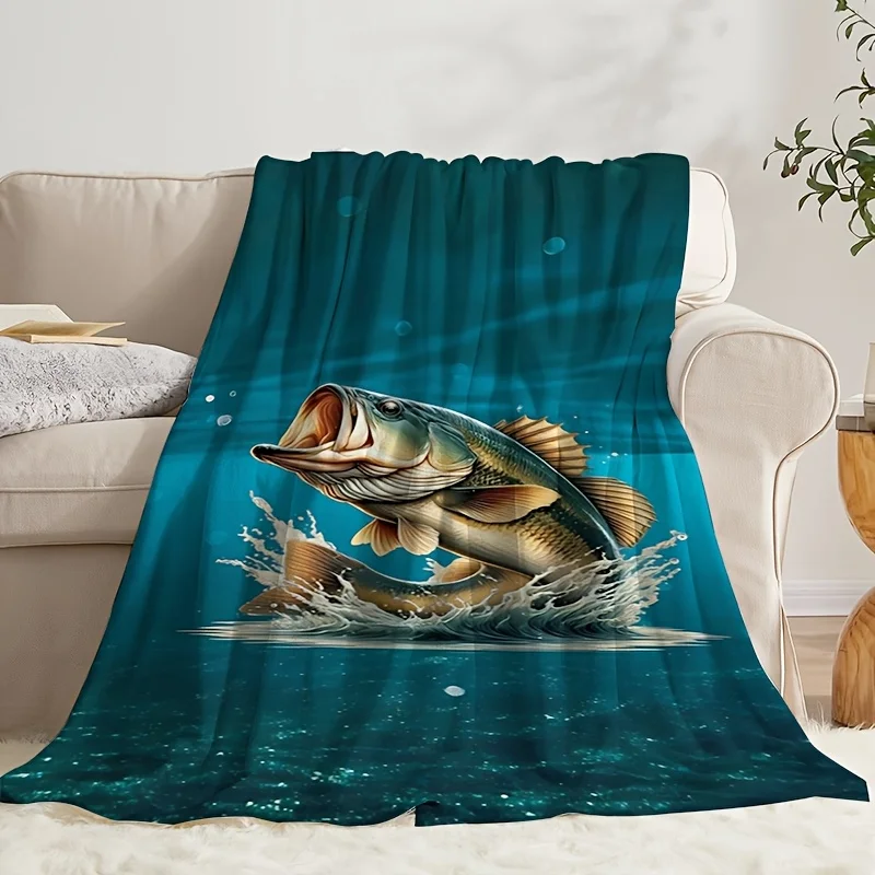1pc Vintage Big Mouth Bass Fish Pattern Flannel Blanket - Soft, Cozy Throw for Couch, Sofa, Bed - Ideal Gift for Family & Friend
