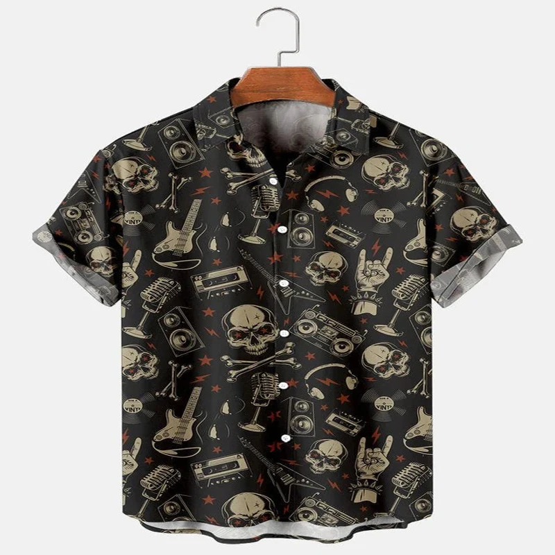 

Music Elements Skull And Guitar Print Hawaiian Shirt 3D Printed Hawaiian Shirt for Men and Women Casual Shirt Unisex