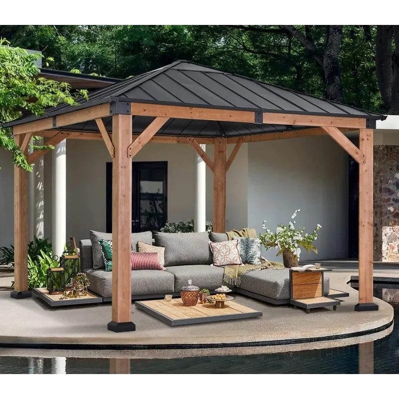 

Wooden Gazebo - Outdoor Patio Wooden Gazebo with Hard Top Metal Roof for Garden, Backyard and Deck