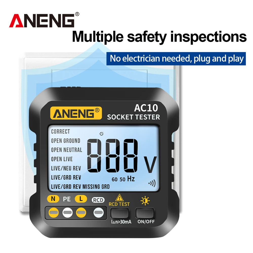 EU Plug Multimeter Digital Tester ANENG AC10 Socket Tester Plug Detector Zero Fire Line Polarity Phase Check Phase Detector