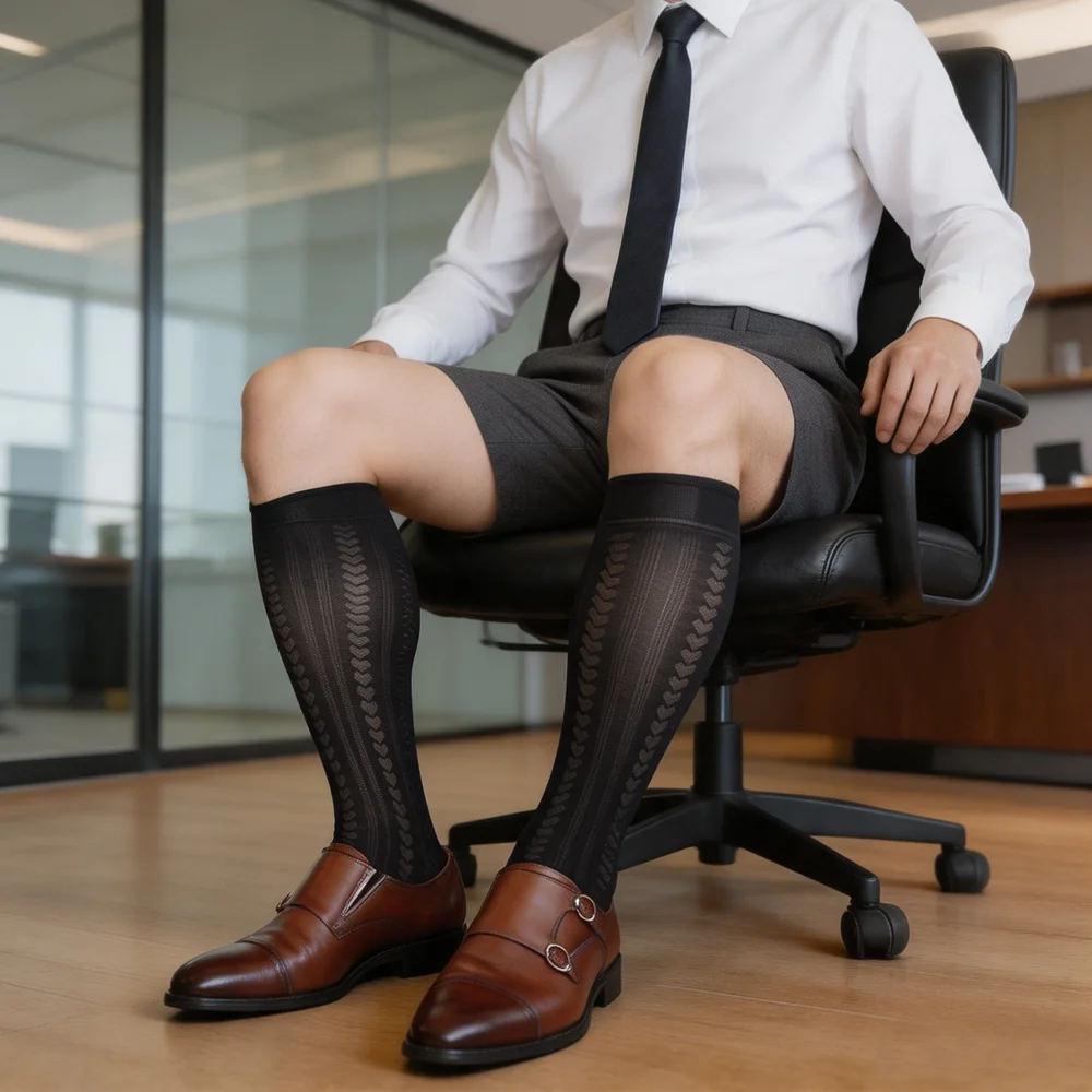 Men's Black Sheer Over The Knee Dress Socks Formal Business Long Tube Hosiery Wheat Pattern High Elasticity Suit Socks