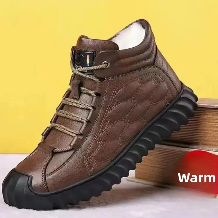 

Мужские зимние высокие хлопковые туфли, теплые противоскользящие зимние ботинки на флисовой подкладке, кожаные меховые интегрированные повседневные стильные ботинки для взрослых