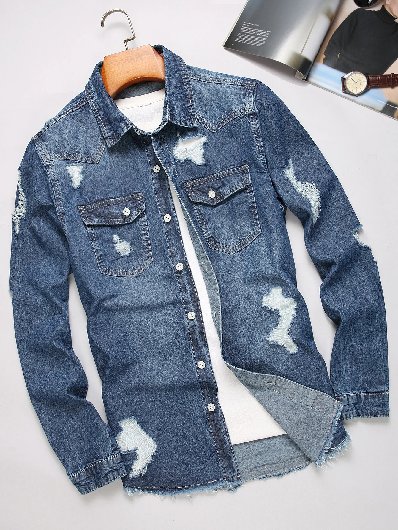 Denim Jacket Vintage - Men's Dark Blue Washed Ripped Frayed