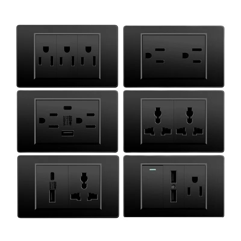 

Black Plastic Panel US Standard Electrical Wall Socket C Type USB 2Pin 3Pin 4Pin 6Pin 9Pin Fast Charge Outlets 118Type