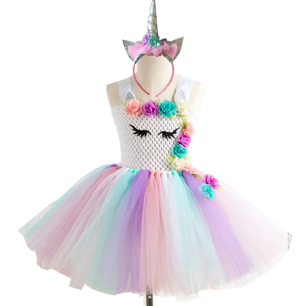 

Princess Skirt Suit Unicorn Tutu Dress Headb Girls Birthday Outfits Party Costume Adjustable Straps Child Halloween Carnival
