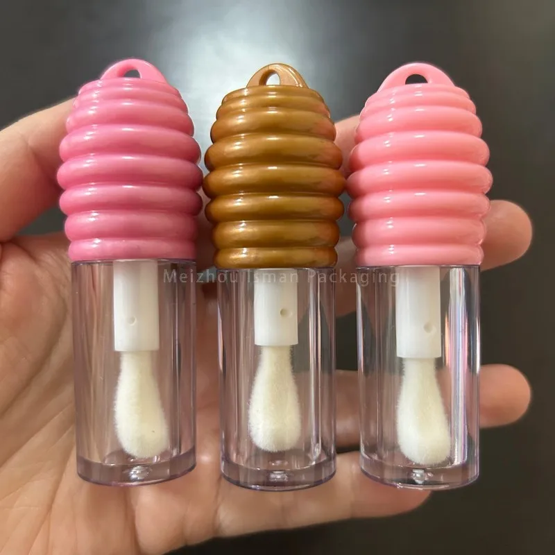

50Pcs Cosmetic 5ml Unique Honey Lip Oil Bottle Lip Gloss Tube Empty Plastic Pink Lip Gloss Packaging with Big Wand Brush