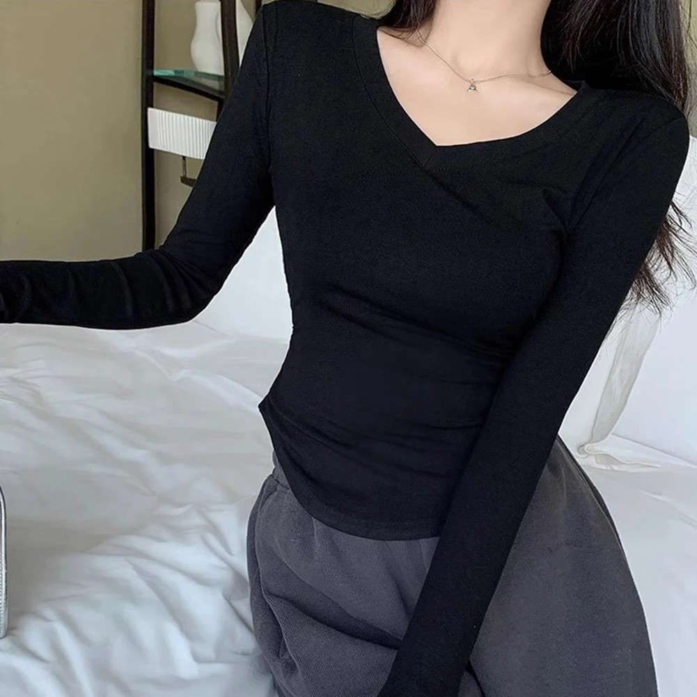 

For Women Long Sleeve T Shirt with Irregular Design Sense Casual Short Top for Autumn and Winter Comfortable Stretch Fabric