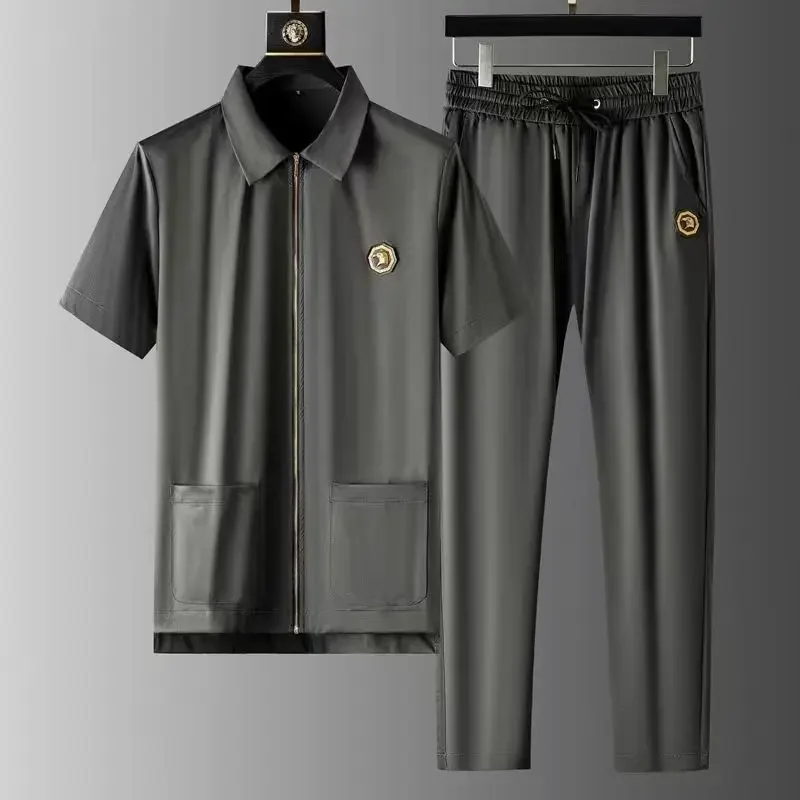 Zomer Mannen Casual Pak, Pocket Korte Mouwen Revers Stretch Rits Vest, sport Tweedelige Mannen Koreaanse Mode Heren Mode