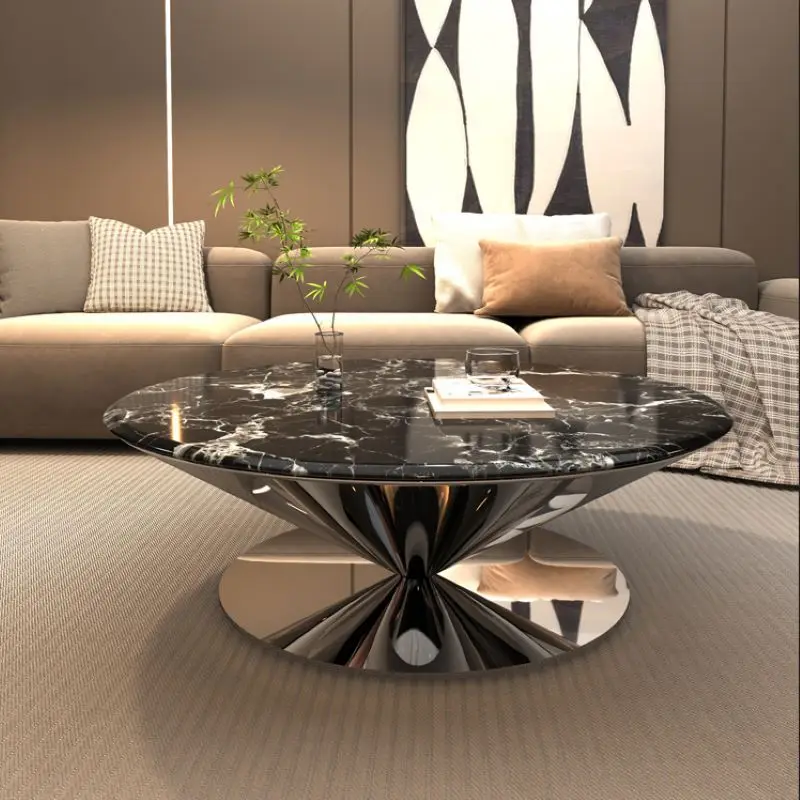 

Роскошный журнальный столик из натурального камня, черная роза, круглая дизайнерская креативная летающая тарелка из нержавеющей стали для гостиной, мрамор, круглый кофе