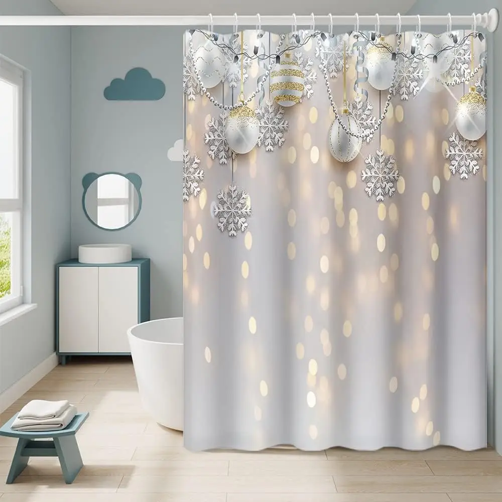 

Christmas Shower Curtain with Hooks Silver Xmas Balls Snowflakes Gold Bokeh Spots Winter Holiday New Year Themed Shower Curtain