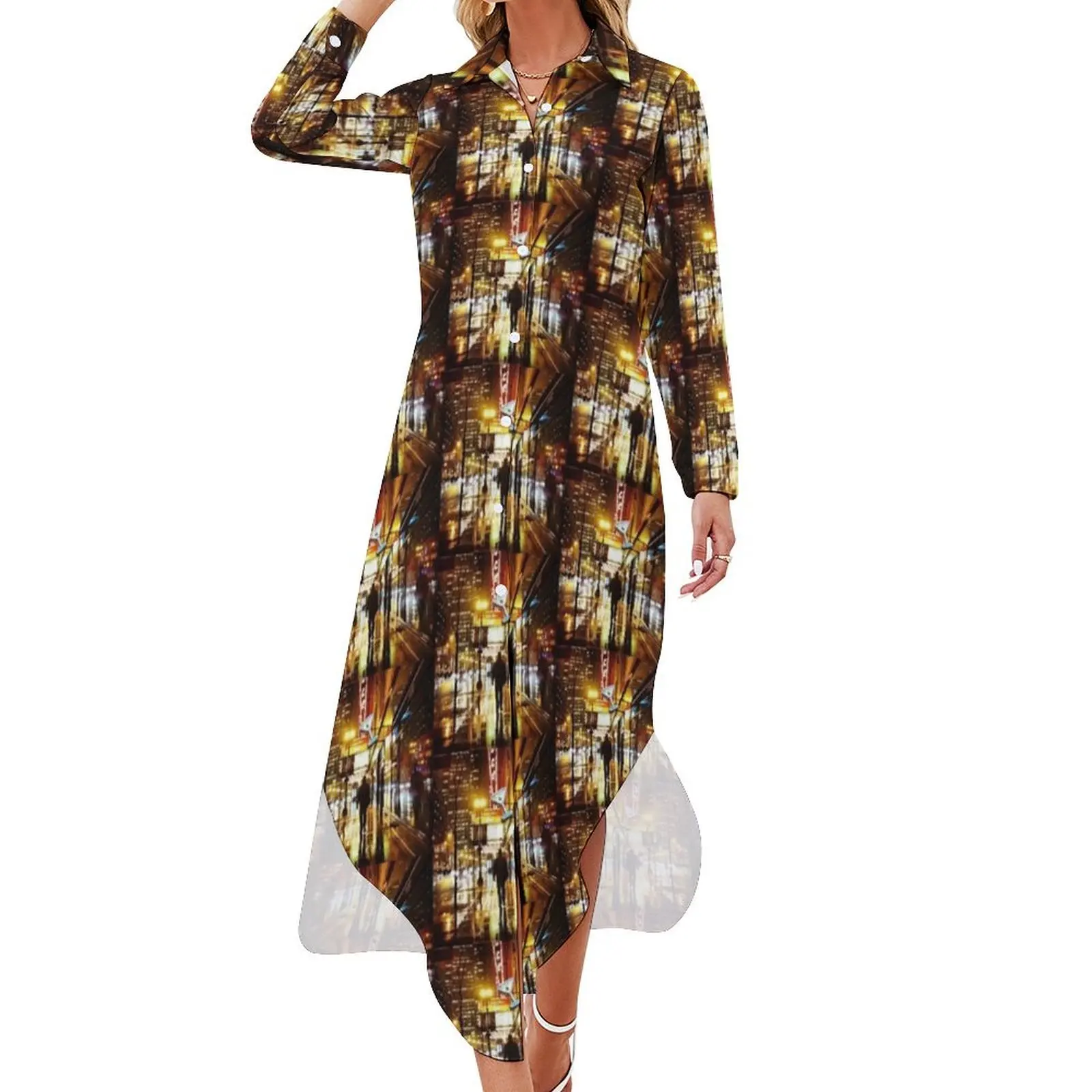 Rain-Soaked City Street Long Sleeved Shirt Dress dresses summer long sleeve dresses