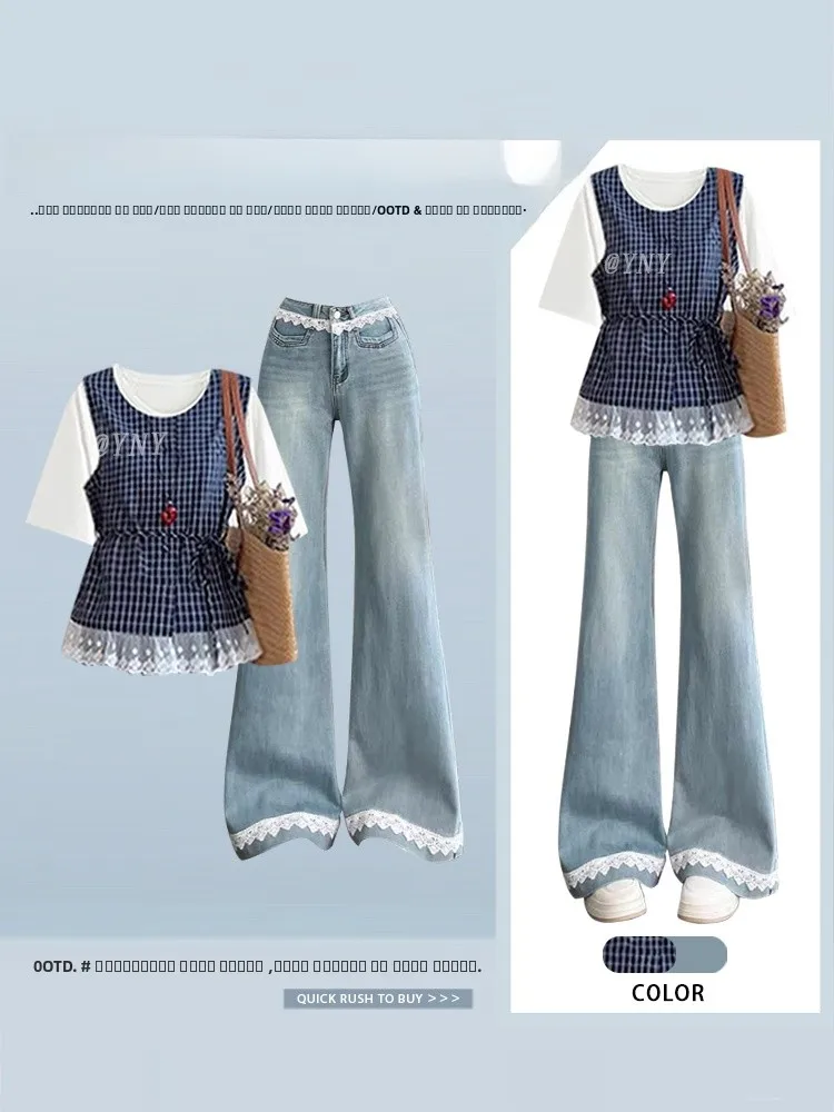 

Unique Goldfish Print Short Sleeve T-Shirt Vest High Waist Jeans Slimming Three Piece Set Women's Fashion Summer Outfit