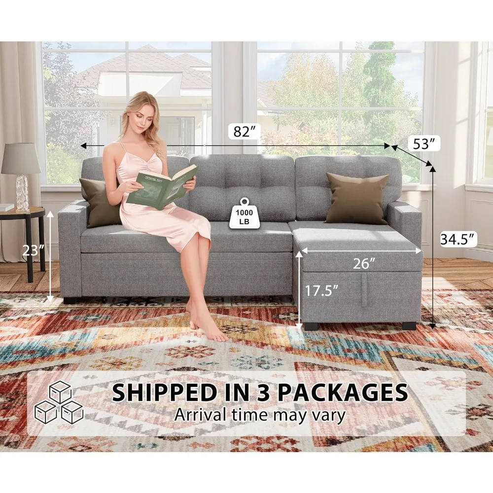 

Reversible Sectional Sofa, Sleeper Sofa Bed with Storage Chaise, Pull-Out Bed, Removable Backrest, Linen Fabric
