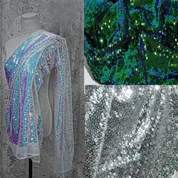 5mm Fish Scale Sequin Fabric Round Bead Iridescent Decorative Background Fabric Glitter Wedding Dress Designer Fabric