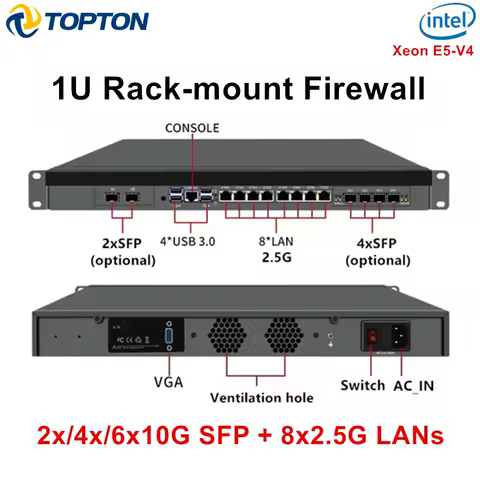 Topton 1U Rack Mount Firewall Mini PC Intel Xeon E5-2699V4 2695V4 C612 X99 4*/2*10G SFP 8*2.5G LAN 2*NVMe 2*SATA NAS Server Host