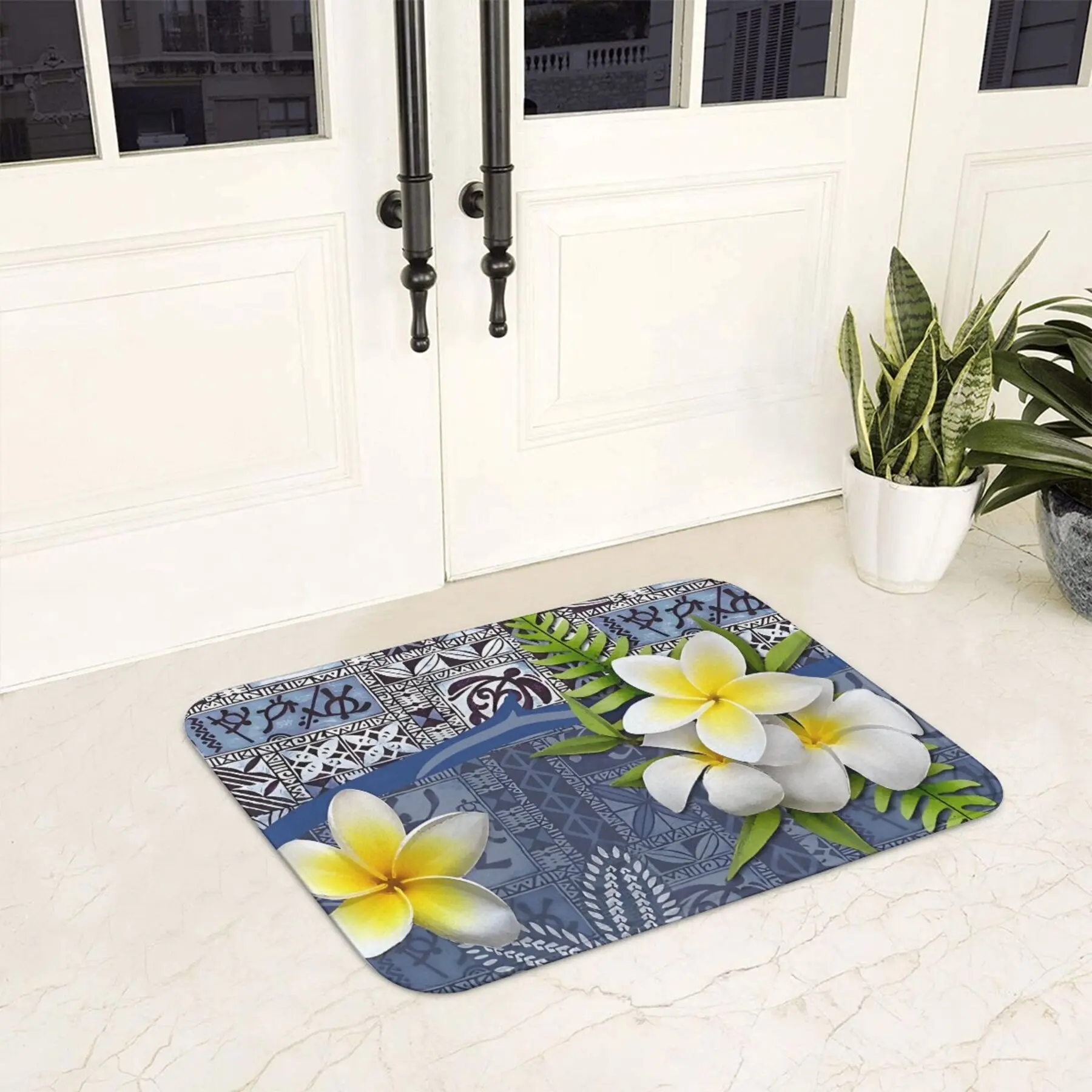 2D Flat Plumeria Tropical Pattern Flannel Bath Mat Non Slip Hawaiian Style Shower Rug for Bathroom Spa Relaxation Decor