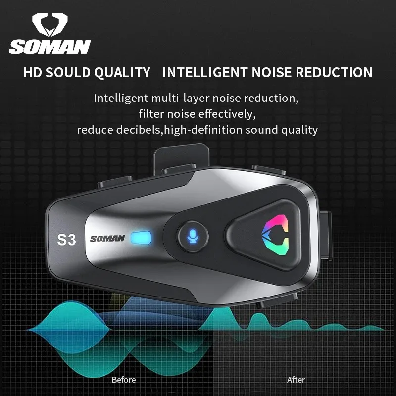 Soman S3 Motorcycle Helmet Bluetooth 5.3 Headset IPX6 Waterproof Noise Reduction HD Voice Dual Phone Connect Wireless Headphone