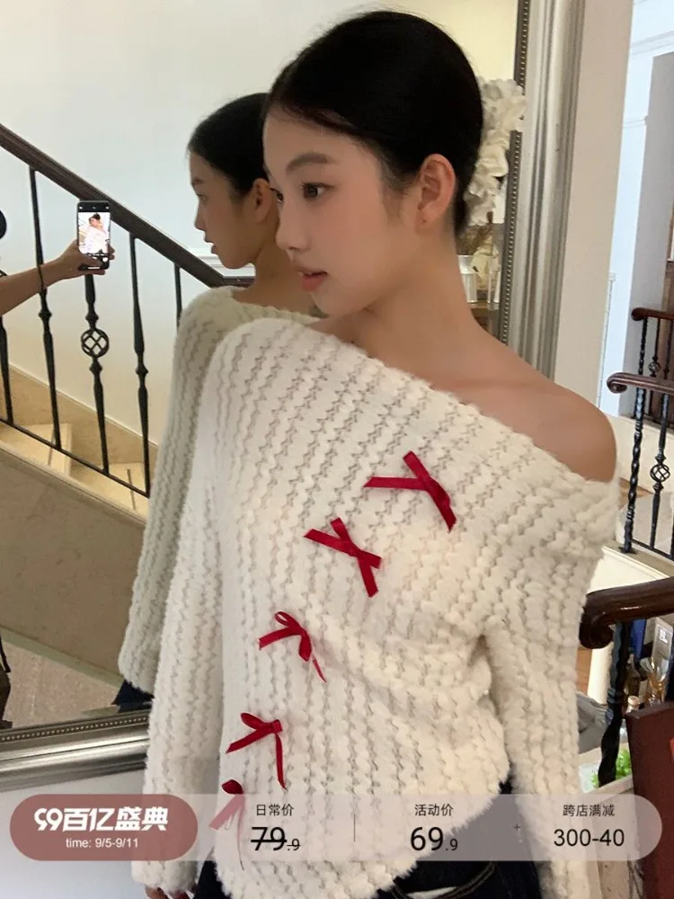 Skew Collar Off Shoulder Knitted Tops Women 2024 Spring Autumn New Bottoming Pullovers Y2k Long Sleeve Slim Fit Sweaters