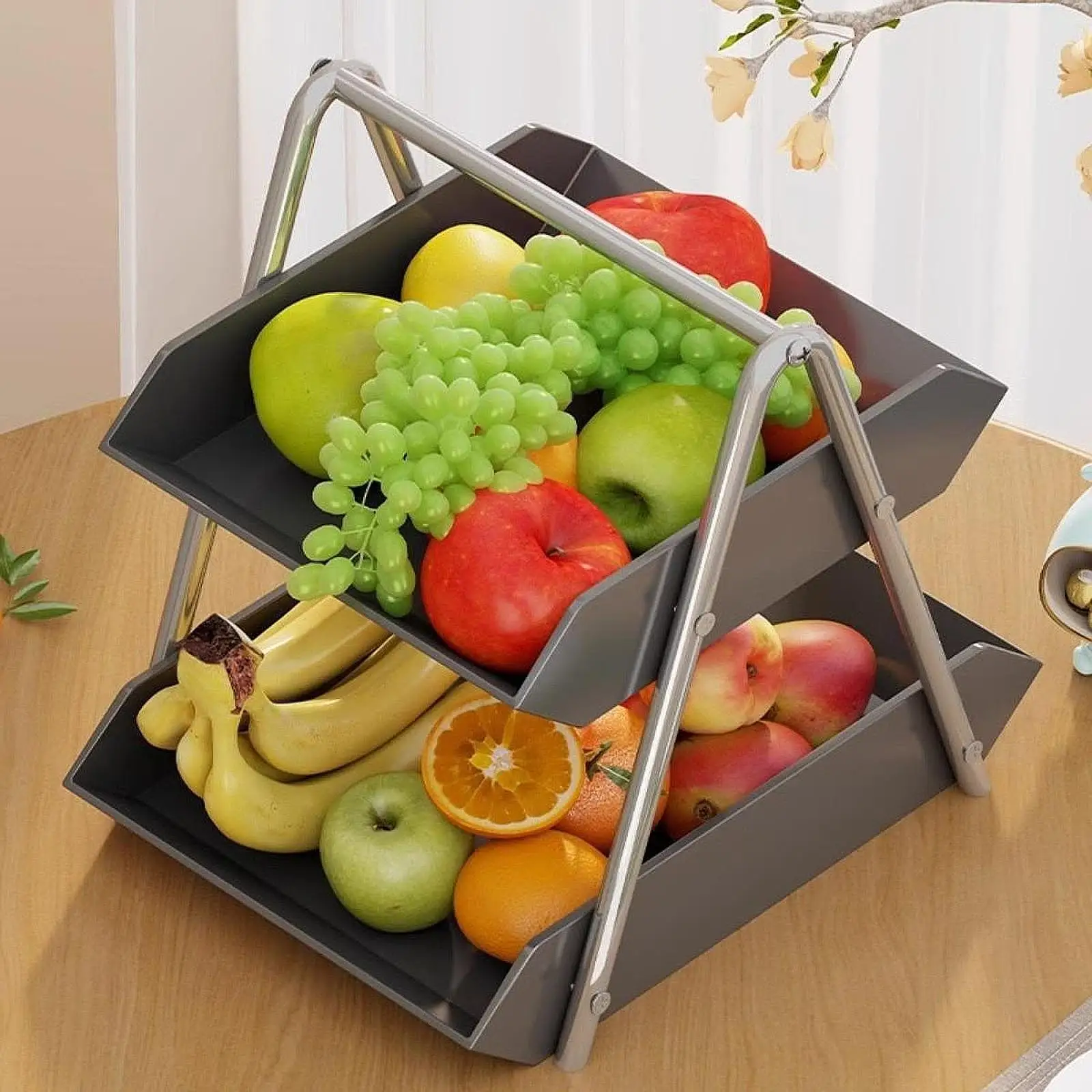 Kitchen Fruit Basket Stainless Steel 2 Layer Vegetable Rack Multipurpose Snack Organizer for Small Spaces