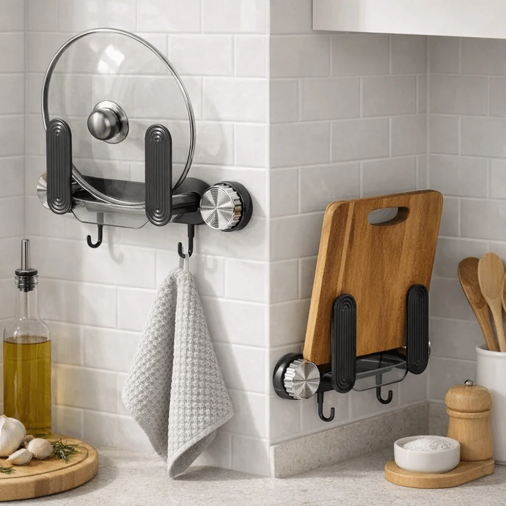 

Plastic Suction Cup Pot Lid Holder Wall Mounted Space Saving Pot Cover Rack with Hooks Waterproof Chopping Board Rack Kitchen