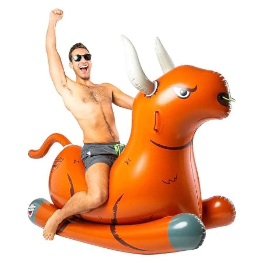 Giant Bull Rocker Pool Float, Inflatable Summer Party Water Toy For Outdoor Use, Vinyl Material, Blue And Red Color, Extra-Stur