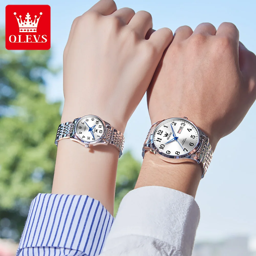 OLEVS Valentines Couple Pair mechanical watch auto watches for his her Casual watch for lovers Wedding Romantic gifts