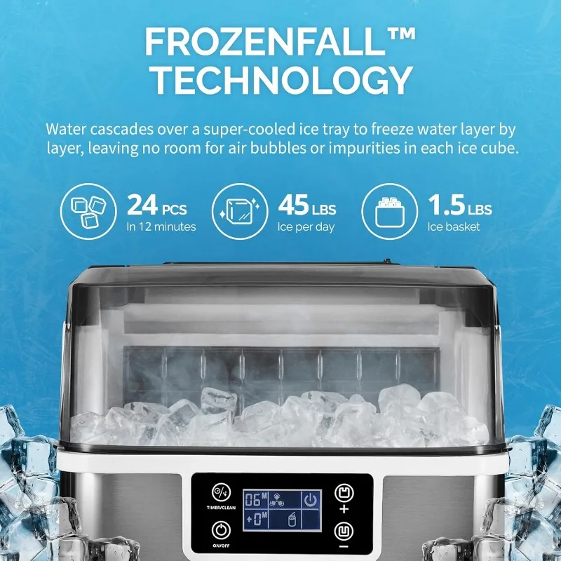 Newair Countertop Clear Ice Maker 45lbs/Day Ice Cube Machine, Self-Cleaning Function and Custom Ice Thickness Portable