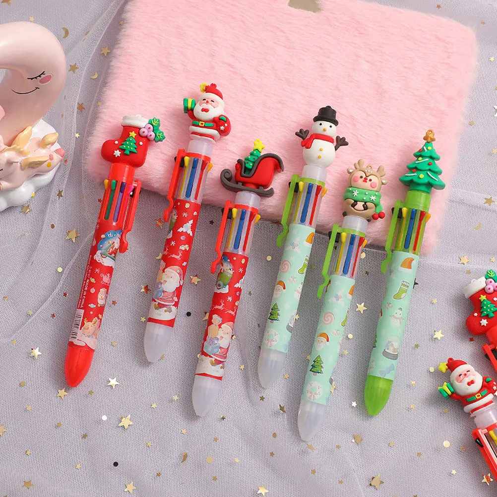 6Pcs Christmas Themed Ballpoint Pens Retractable Plastic Pens Quick-Dry Ink for Students Teachers Office Work Study Portable