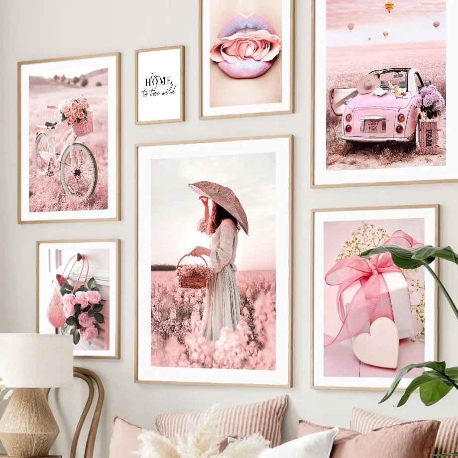 Pink Car Bike Rose Balloon Magnolia Quote Canvas Painting Posters Prints Picture Room Decor Art For Wall