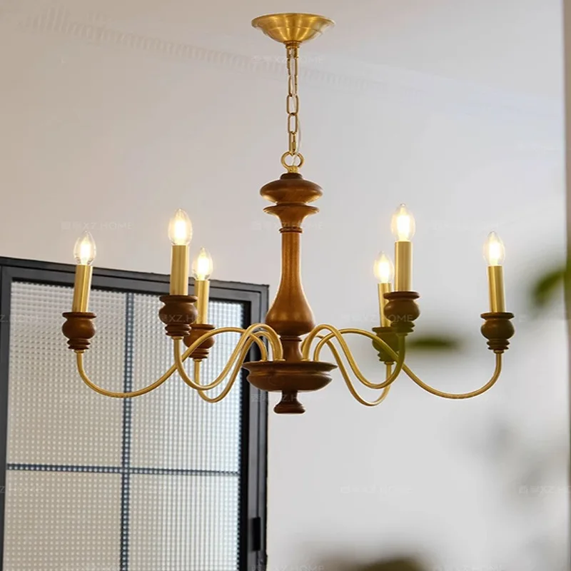 American all-copper living room chandelier retro candle lamp hall main lamp solid wood French