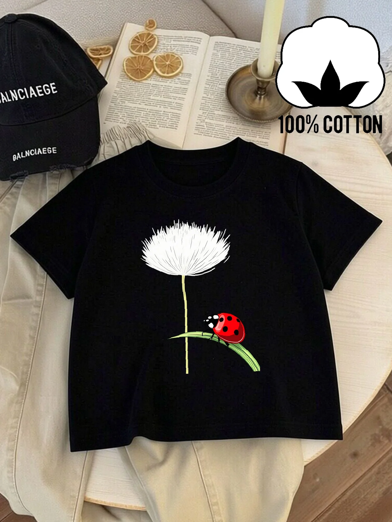 Children's T-shirt Casual Short Sleeved Ladybug Dandelion Natural Art Print Pattern Fun Summer Design Parent-child Outfit