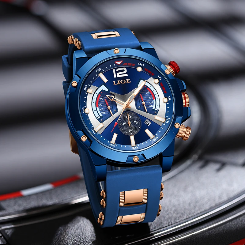 LIGE-Montre à Quartz Militaire Étanche pour Homme, Mode de Luxe, Silicone, Calendrier, Horloge Décontractée, Zones, Boîte