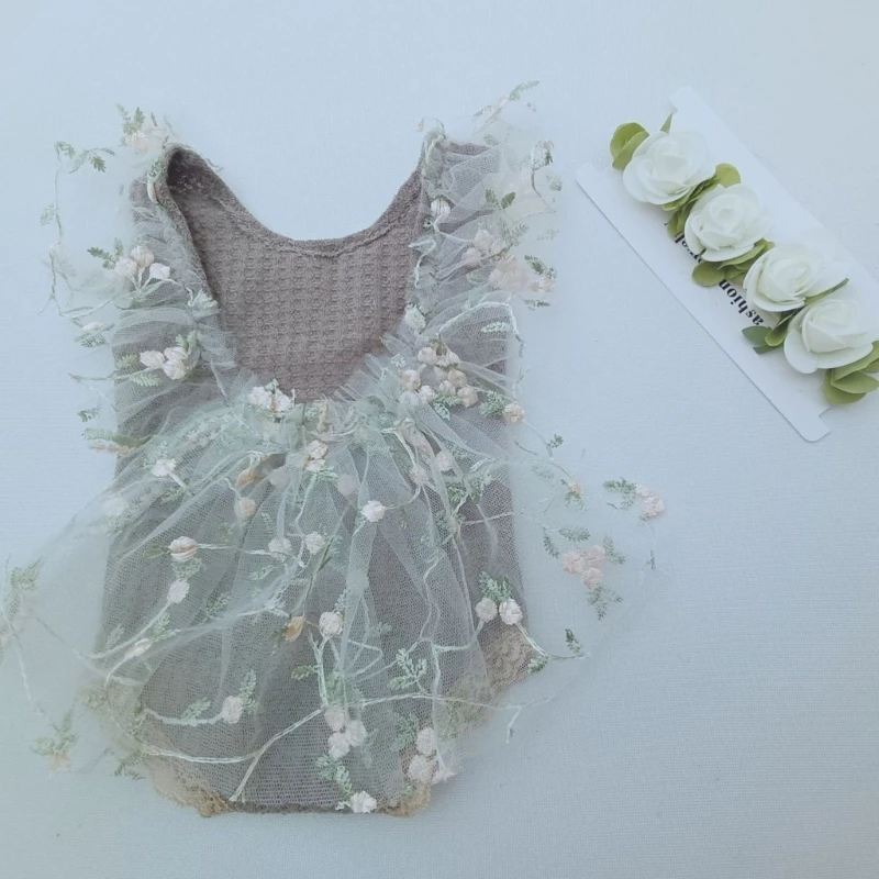 J15U 2Pcs/set Dreamy Forest Themed Lace Dress with Matching Headdress for Infants Photoshoots Special Occasion Outfit